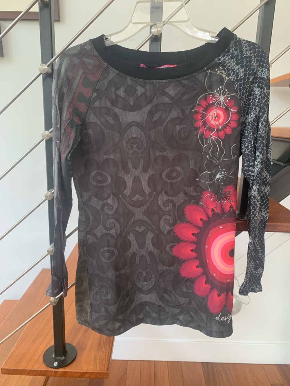 Desigual Black Top with Red-Pink Floral Accent